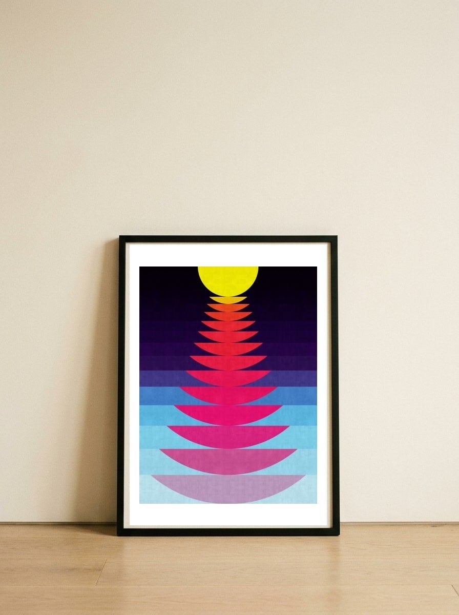 Geometric sun — framed, leaning against the wall