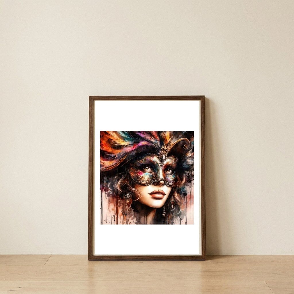 watercolor-carnival-feathered-mask-woman — framed, leaning against the wall
