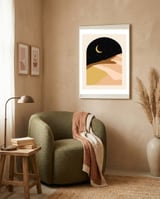 Desert Nights, Modern Bohemian Travel Sand Dunes, Eclectic Moon Stars Vintage Arc, Pastel Building Nature Landscape framed in a tender room thumbnail