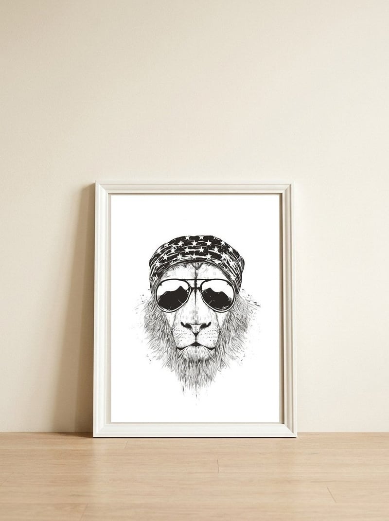 Wild Lion (bw) — framed, leaning against the wall