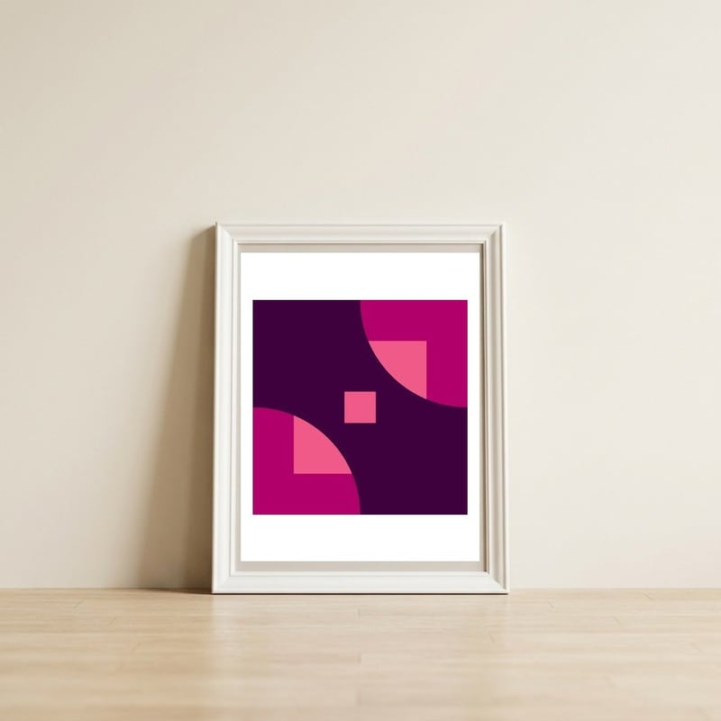 Geometric Shapes No. 1 - purple & pink squares — framed, leaning against the wall