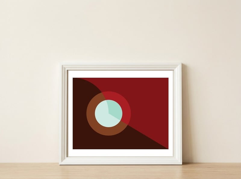 Geometric Shapes No. 2 - deep reds & turquoise — framed, leaning against the wall