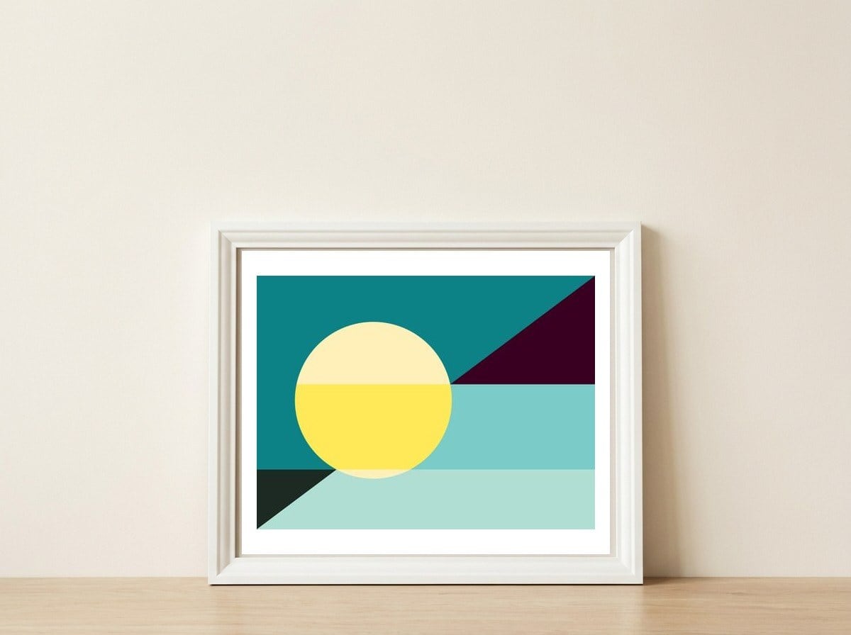 Geometric Shapes No. 3 - teal, purple & yellow — framed, leaning against the wall
