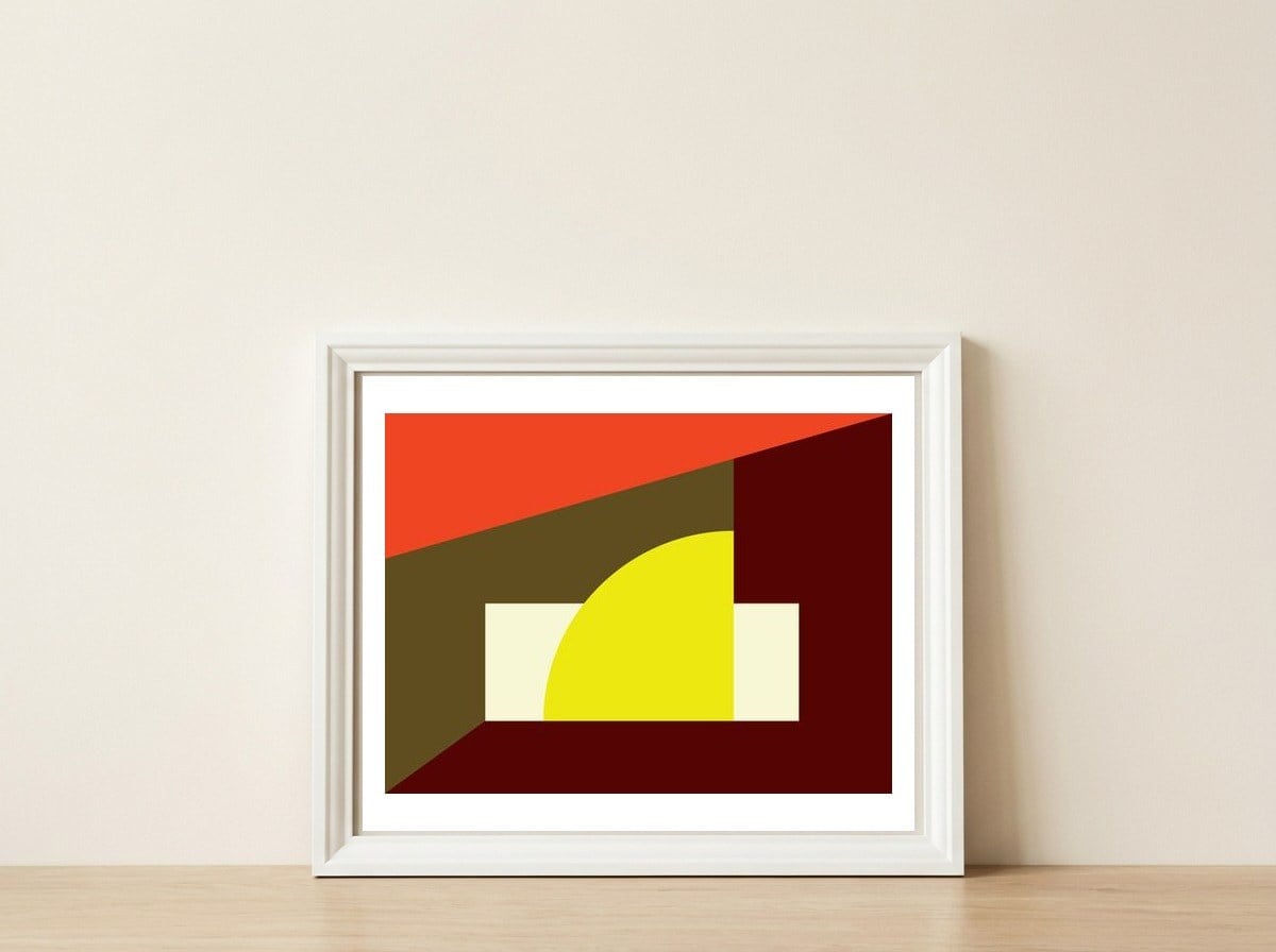 Geometric Shapes No. 9 - yellow, orange & brown — framed, leaning against the wall