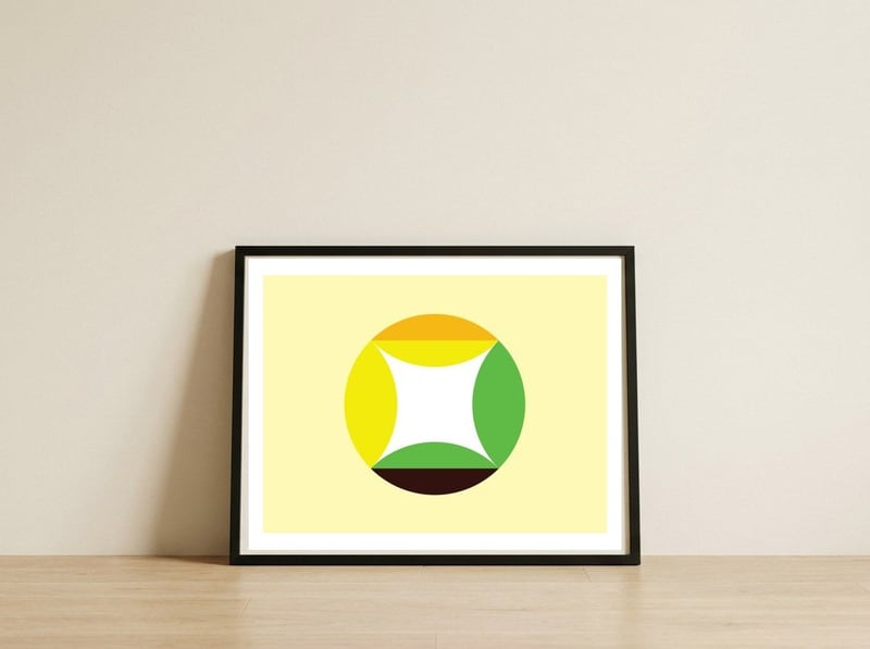 Geometric Shapes No. 21 - yellow, green & orange — framed, leaning against the wall