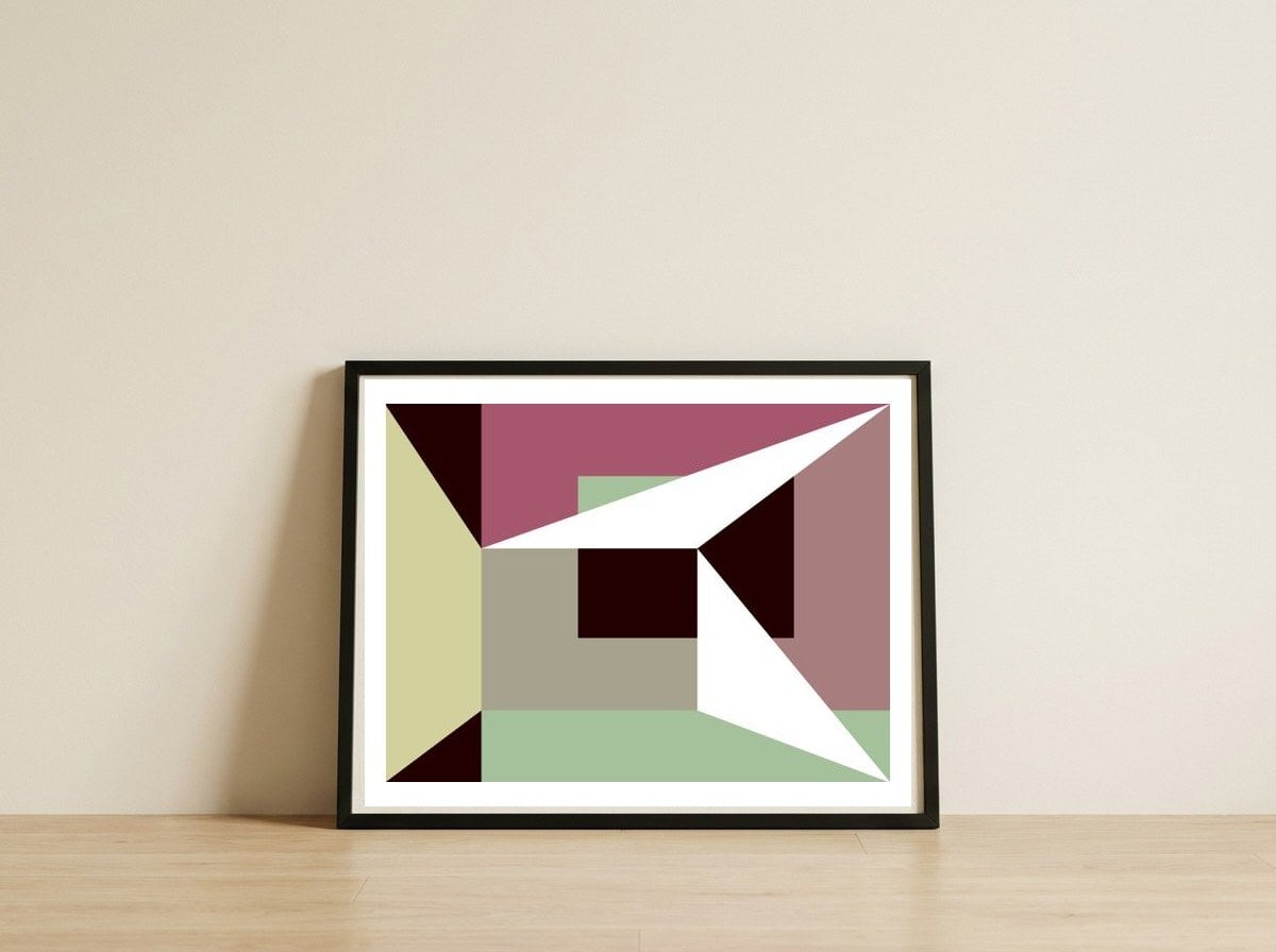 Geometric Shapes No. 26 - green & purple — framed, leaning against the wall