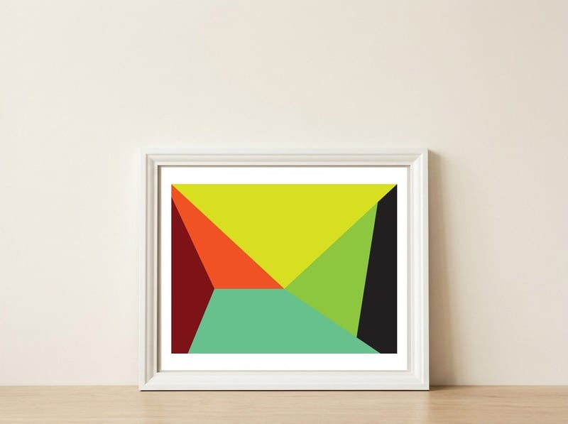 Geometric Shapes No. 31 -  yellow, orange & green — framed, leaning against the wall