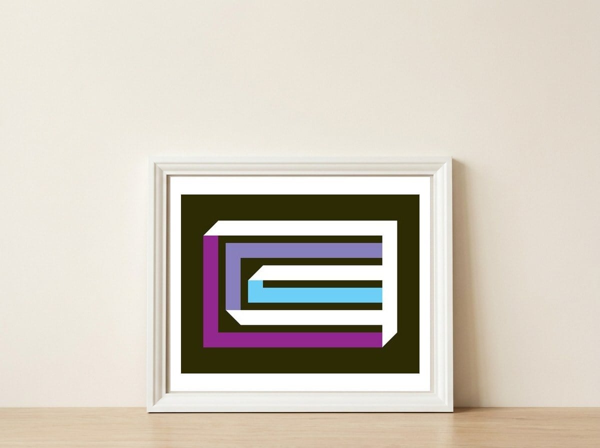 Geometric Shapes No. 35 - brown, blue & lilac — framed, leaning against the wall