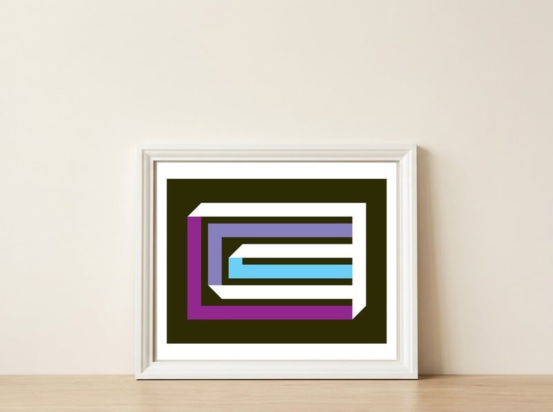 Geometric Shapes No. 35 -  brown, blue & lilac — framed, leaning against the wall