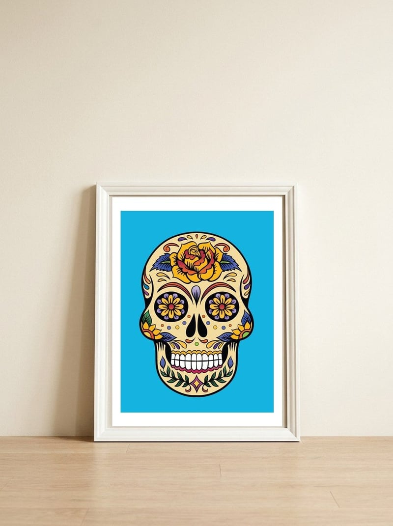 Colorful Skull II — framed, leaning against the wall