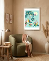 Drawn To The Moon, Stork Heron Flamingo Birds, Tropical Pastel Wildlife Forest Nature, Animals Jungle Bohemian Eclectic Fly framed in a tender room thumbnail