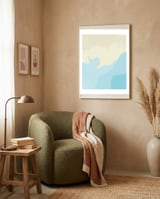 Mellow, Abstract Powder Blue Pastel Pearl Painting, Modern Simple Minimal Waves framed in a tender room thumbnail