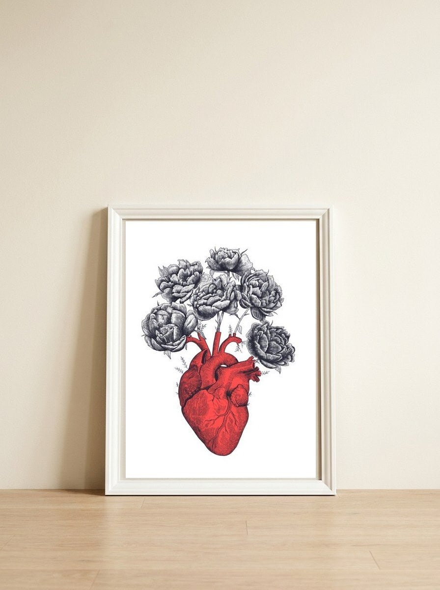 Heart With Peonies — framed, leaning against the wall