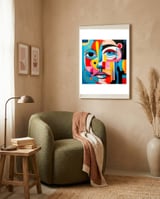CUBIST HARMONY,  face, the essence of Cubist inspiration in a fragmented vibrant spectrum. framed in a tender room thumbnail