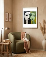 DYNAMIC FUSION, Two abstract heads converge - vibrant green tones intertwine with cool grey hues, a dance of contrast and connection. framed in a tender room thumbnail