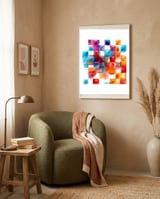 JELL, Multi-colored squares against a white backdrop. framed in a tender room thumbnail
