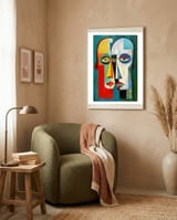 INSEPERABLE #02, Abstract robotic looking heads merged in bright vivid hues with emphasis on the eyes. framed in a tender room thumbnail