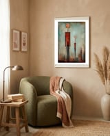 CITY HEIGHTS, three human-like forms of differing heights loom over the city below. framed in a tender room thumbnail