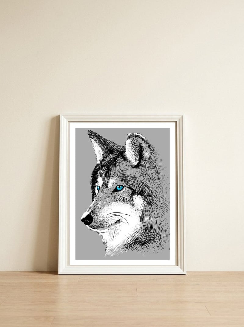 Sketch Wolf — framed, leaning against the wall