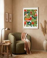 Tropical Parrots In Flower Jungle  framed in a tender room thumbnail