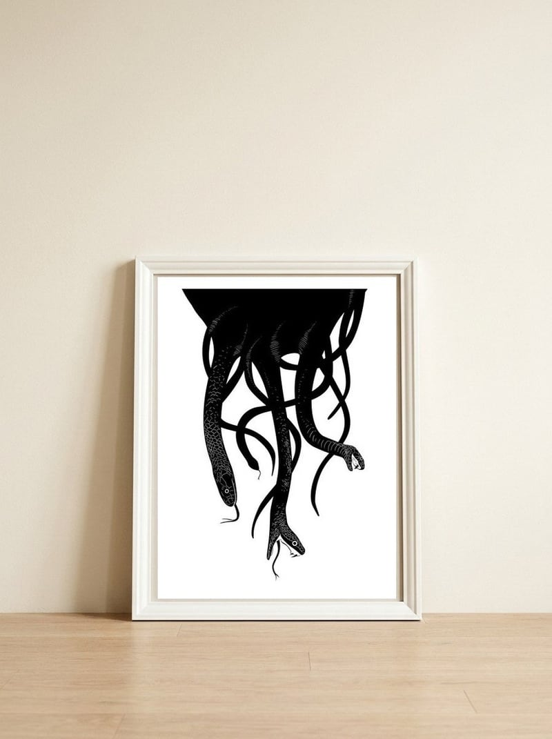 Snakes — framed, leaning against the wall