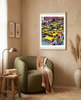 New York Minute, Yellow Taxi Cab Manhattan Downtown Busy Street, Traffic People Buildings Times Square Eclectic Road Architecture framed in a tender room thumbnail