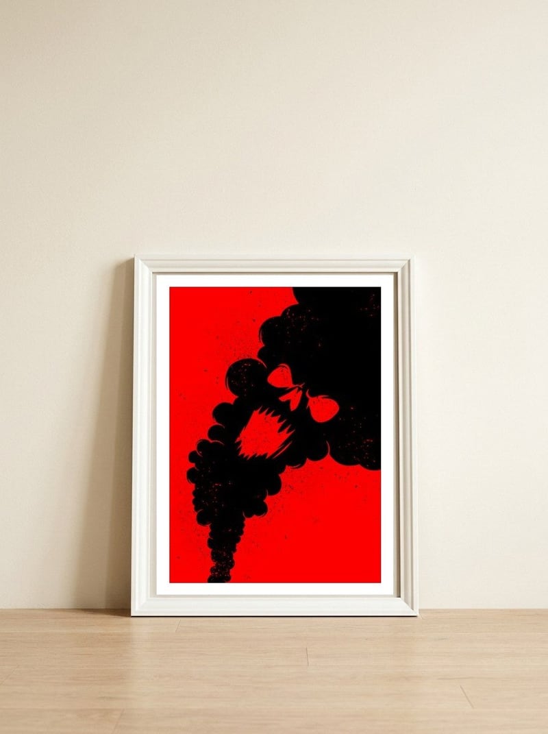 Smoke skull — framed, leaning against the wall