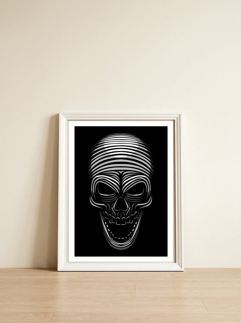 Lines Skull — framed, leaning against the wall