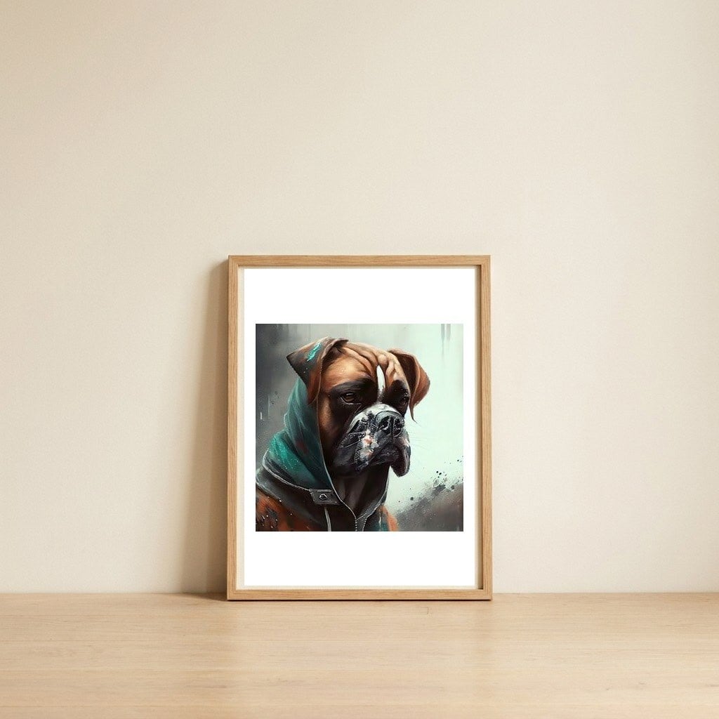 hooded-boxer-dog-portrait — framed, leaning against the wall
