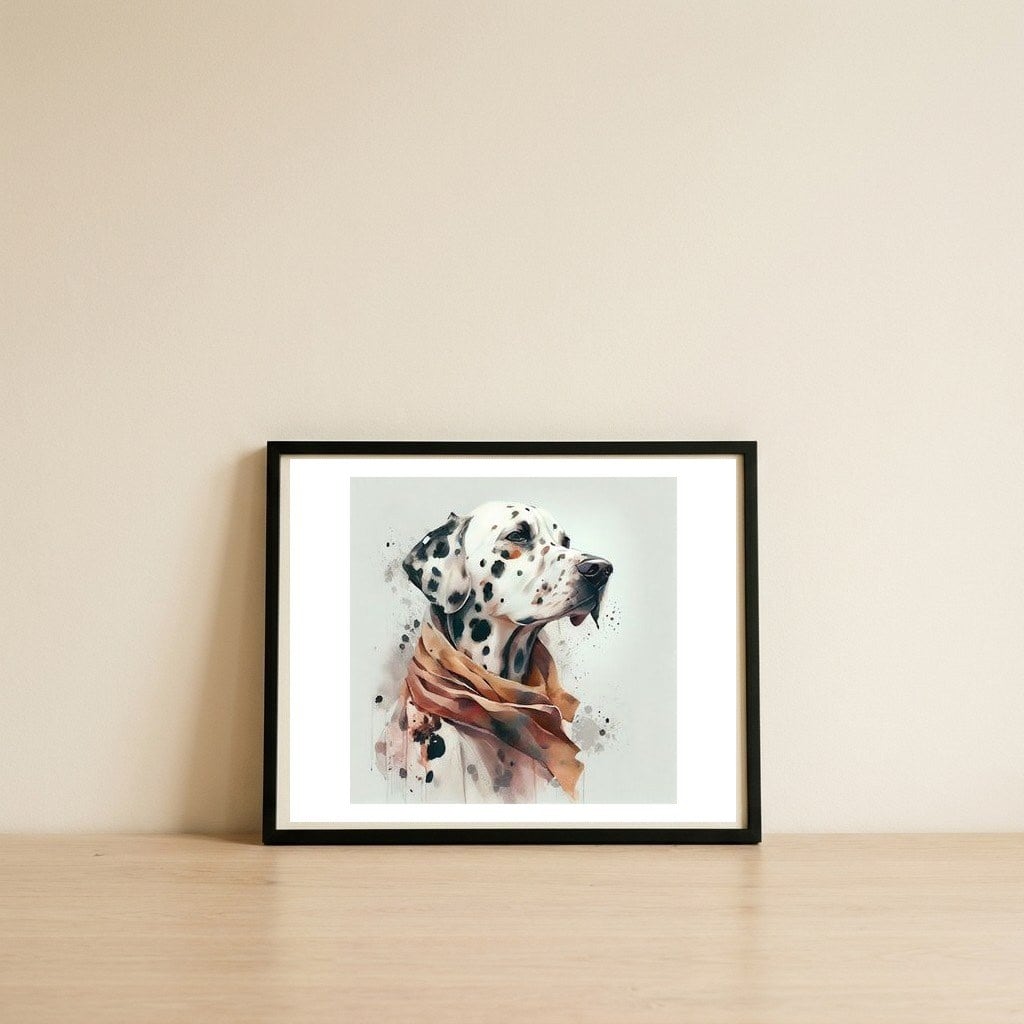 dalmatian-dog-with-scarf-portrait — framed, leaning against the wall