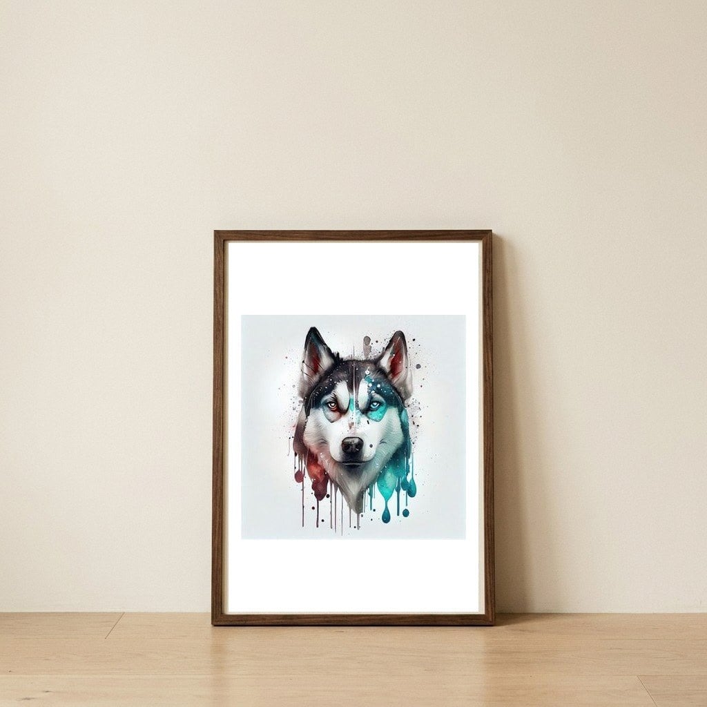 husky-color-drip-portrait — framed, leaning against the wall