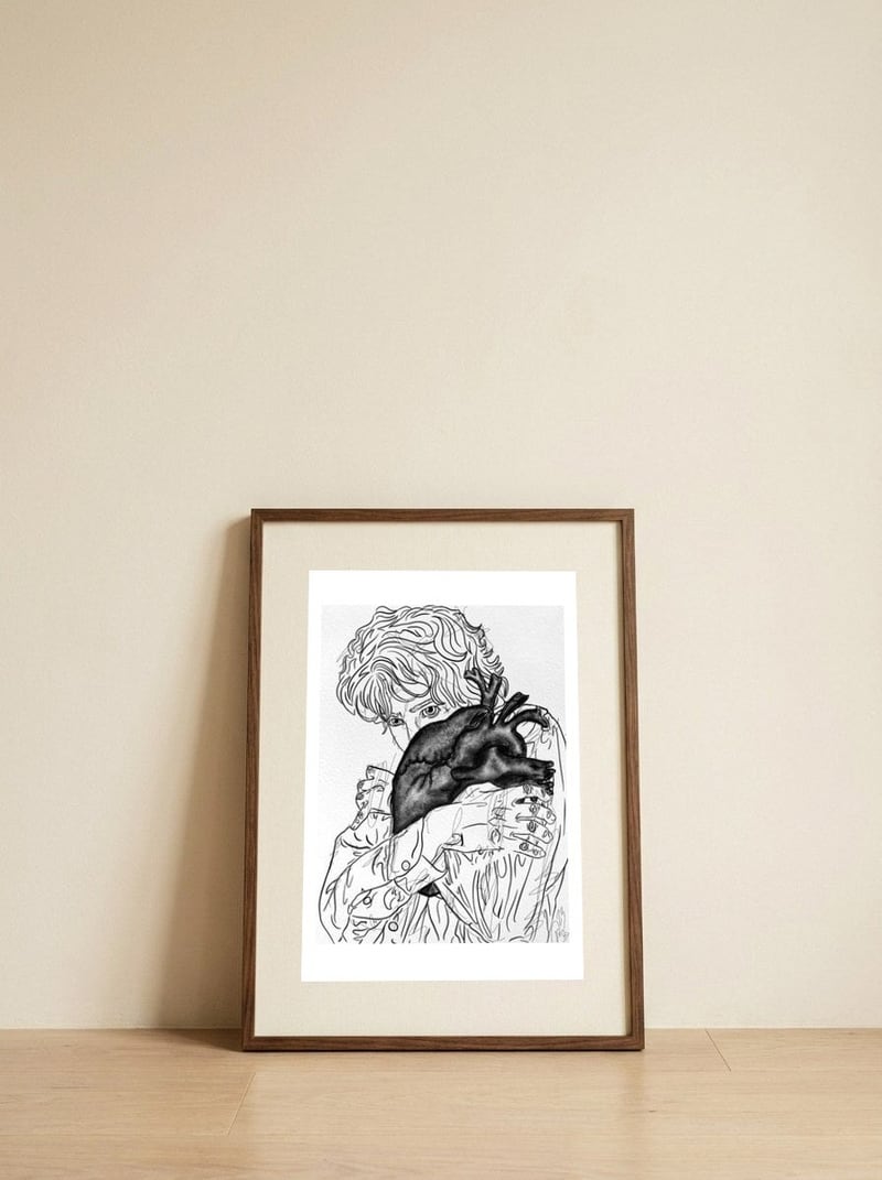 umarm dich selbst — framed, leaning against the wall