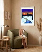 Purple Midnight, Snow River Full Moon Nature Landscape Painting, Winter Travel Adventure Places framed in a tender room thumbnail