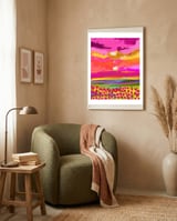 Two Suns, Pink Nature Painting Sky, Maximalist Landscape Pop Of Color Eclectic, Sunrise Sunset Meadow Boho Modern Contemporary framed in a tender room thumbnail