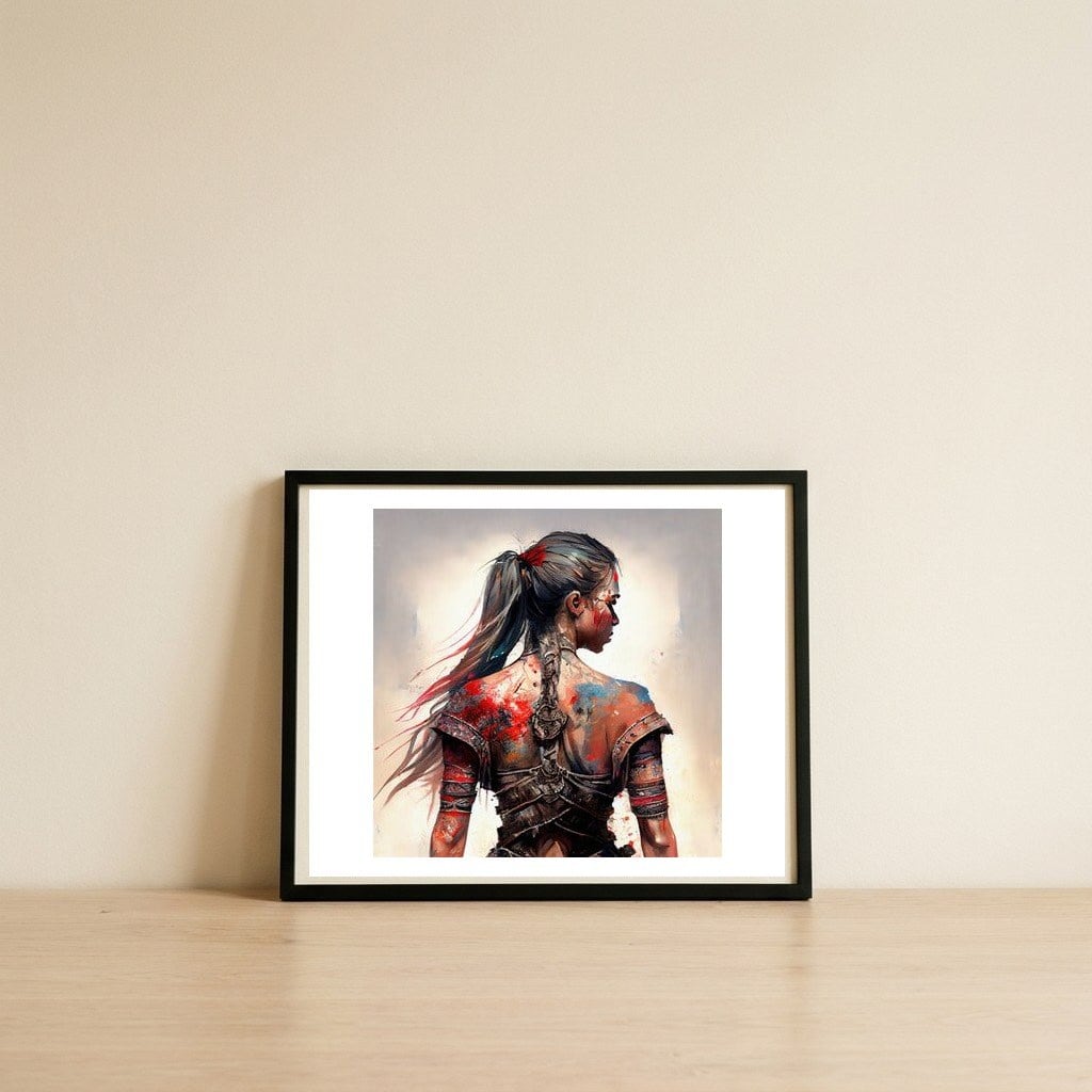 red-marked-warrior-profile — framed, leaning against the wall