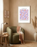 Carnations And Snowdrop January Birth Flower Floral Print framed in a tender room thumbnail
