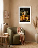 Luis Egidio Meléndez / 'Still Life of Oranges, Watermelon, a Pot, and Boxes of Cake', ca.  1760. framed in a tender room thumbnail