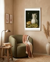 Luis Egidio Meléndez: 'Still Life with Small Pears, Bread, White Pitcher, Glass Bottle, and.., 1760. framed in a tender room thumbnail