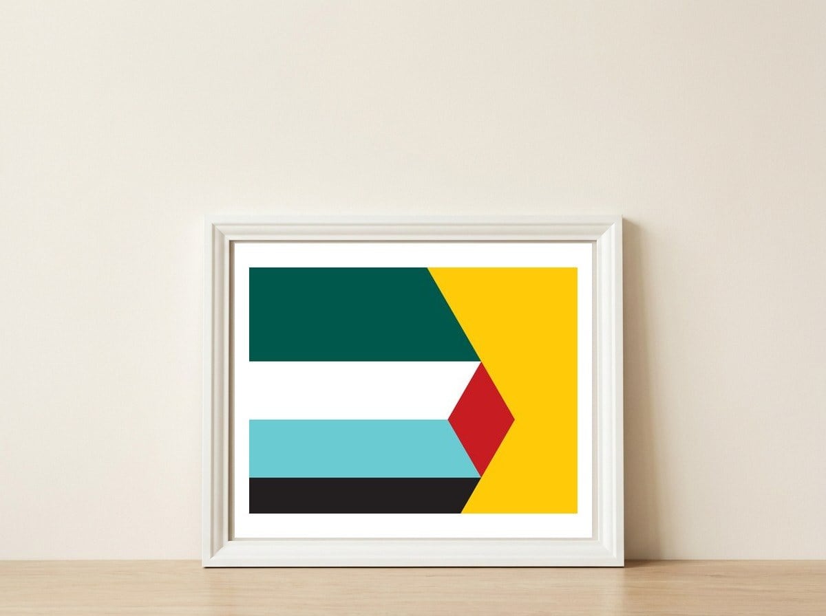 Geometric Shapes No. 43 - yellow & green — framed, leaning against the wall