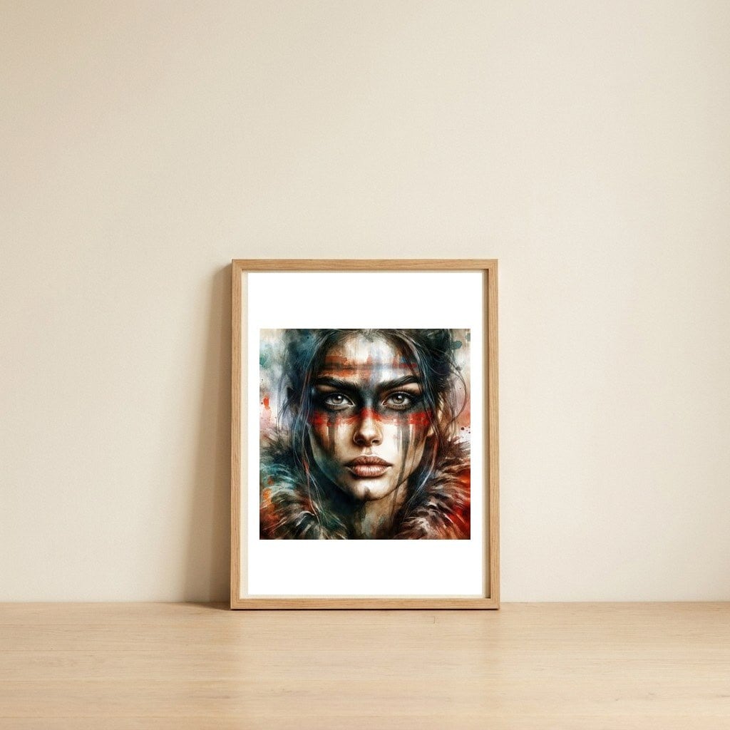 warrior-woman-war-paint-watercolor-portrait — framed, leaning against the wall