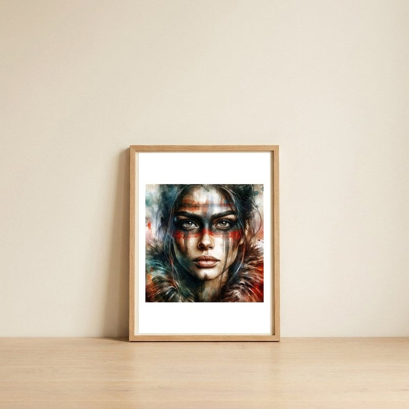 warrior-woman-war-paint-watercolor-portrait — framed, leaning against the wall