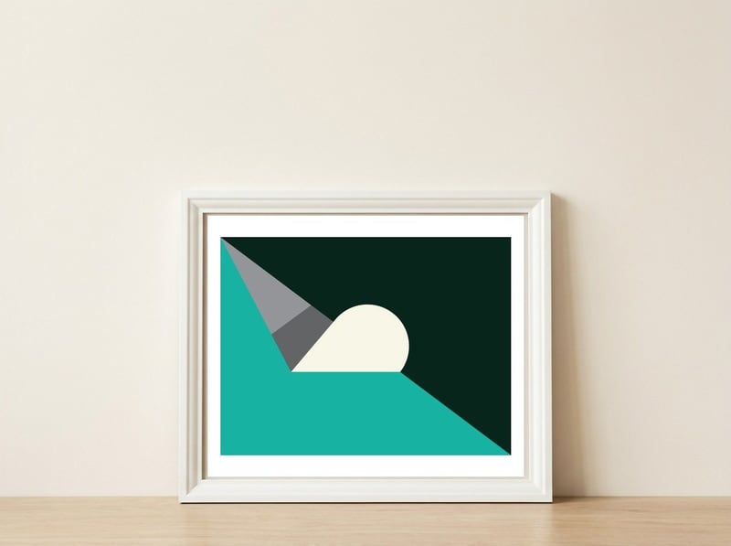 Geometric Shapes No. 56 - teal, grey & black — framed, leaning against the wall