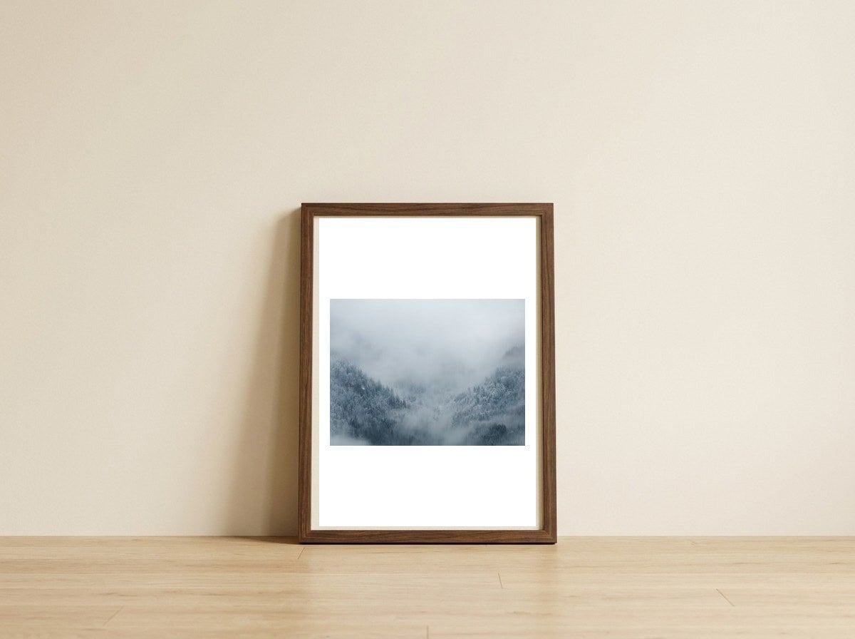 Misty Mysterious Mountains — framed, leaning against the wall