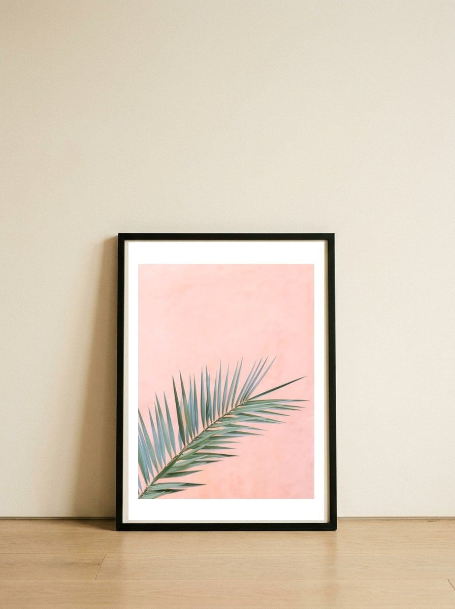 Pinky palm — framed, leaning against the wall