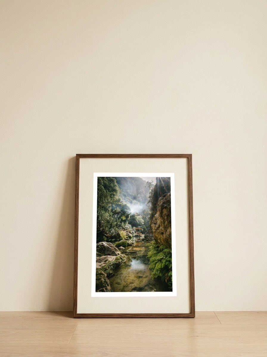 Misty Moroccan River — framed, leaning against the wall