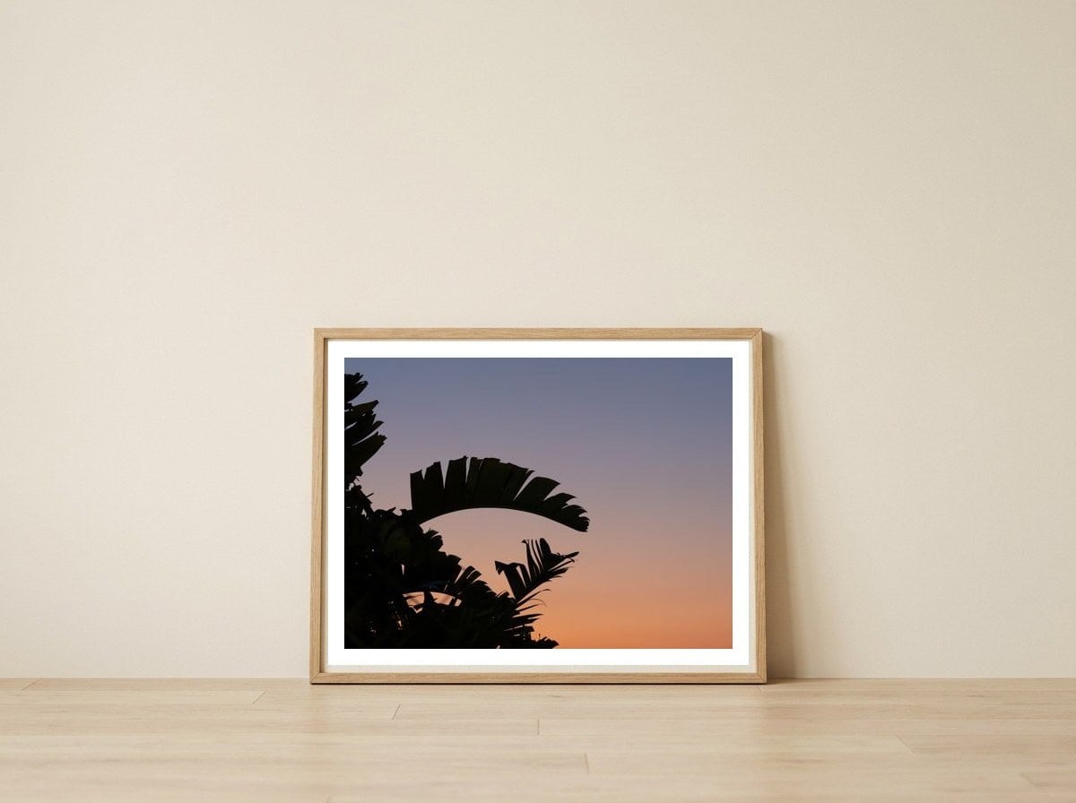 A serene sunset — framed, leaning against the wall