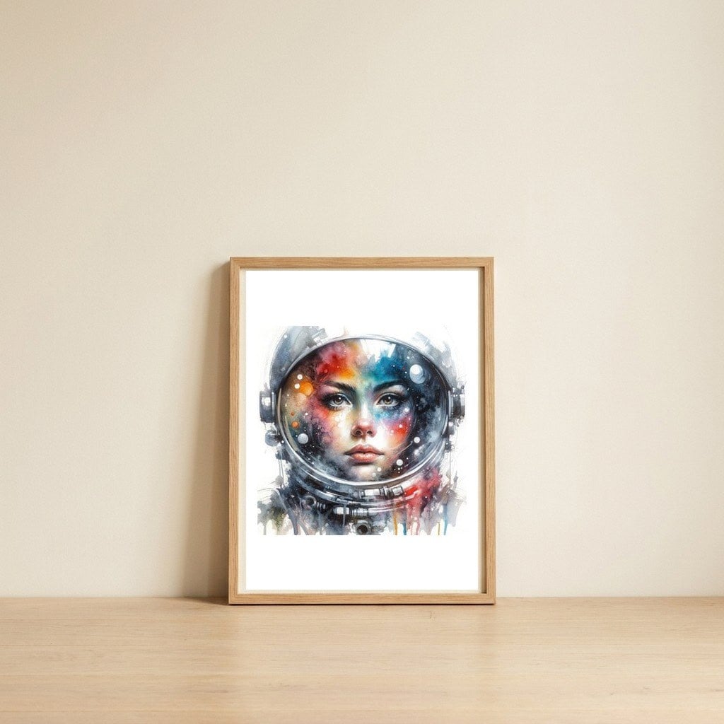 watercolor-female-astronaut-portrait — framed, leaning against the wall