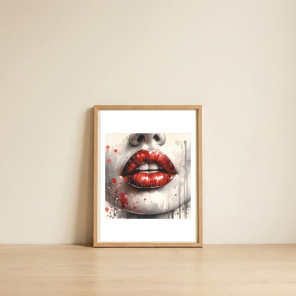 crimson-whisper-lips-watercolor-portrait — framed, leaning against the wall