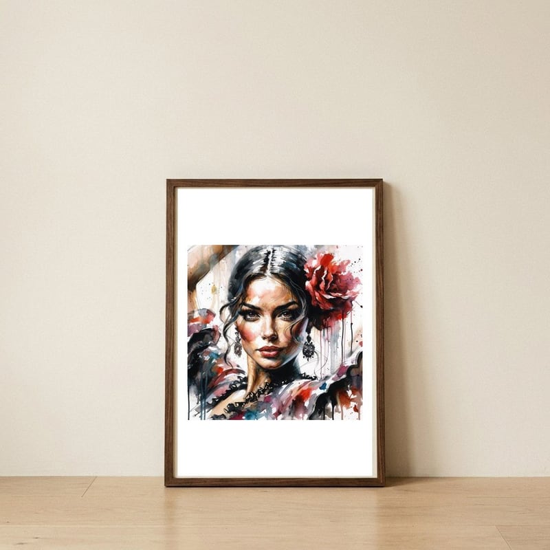 scarlet-rose-flamenco-portrait — framed, leaning against the wall
