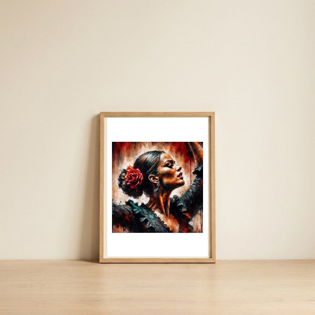crimson-rose-flamenco-profile — framed, leaning against the wall